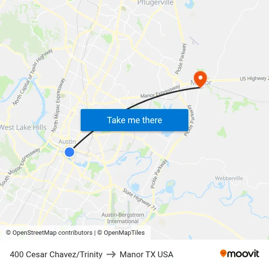 400 Cesar Chavez/Trinity to Manor TX USA map