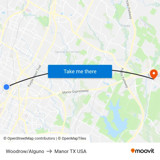 Woodrow/Alguno to Manor TX USA map