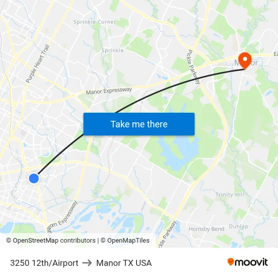 3250 12th/Airport to Manor TX USA map