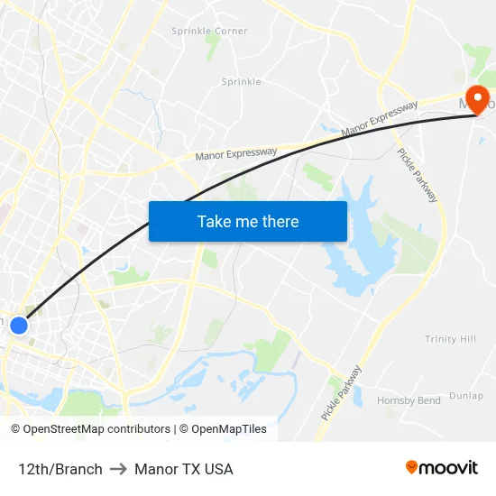 12th/Branch to Manor TX USA map