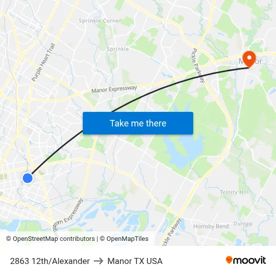 2863 12th/Alexander to Manor TX USA map