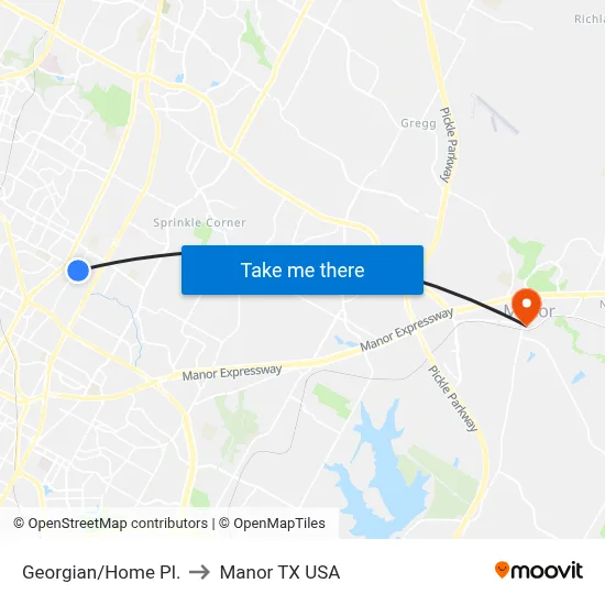 Georgian/Home Pl. to Manor TX USA map