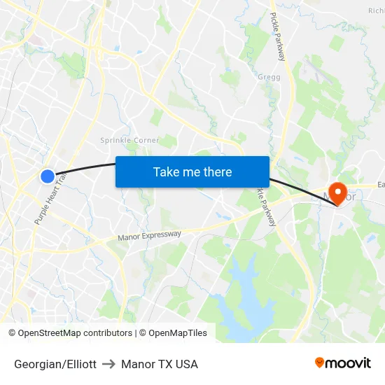 Georgian/Elliott to Manor TX USA map