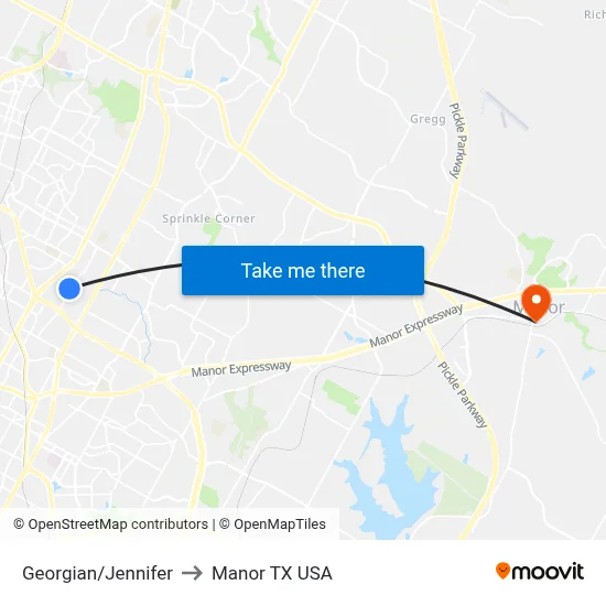 Georgian/Jennifer to Manor TX USA map
