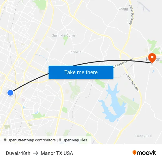Duval/48th to Manor TX USA map