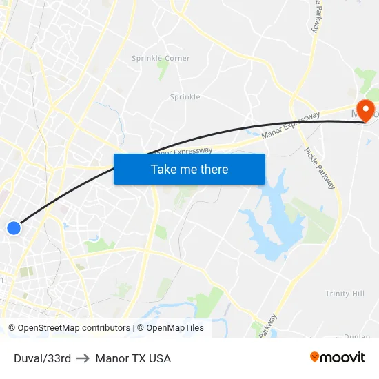 Duval/33rd to Manor TX USA map
