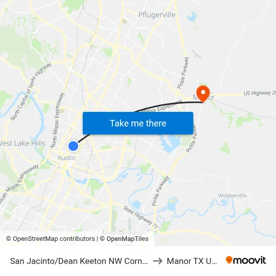 San Jacinto/Dean Keeton NW Corner to Manor TX USA map