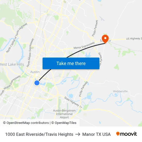 1000 East Riverside/Travis Heights to Manor TX USA map