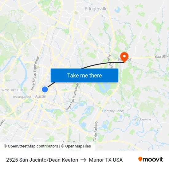 2525 San Jacinto/Dean Keeton to Manor TX USA map