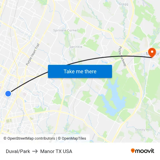 Duval/Park to Manor TX USA map
