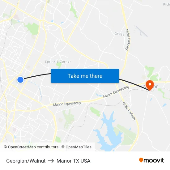 Georgian/Walnut to Manor TX USA map