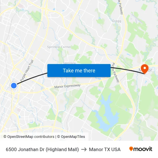 6500 Jonathan Dr (Highland Mall) to Manor TX USA map