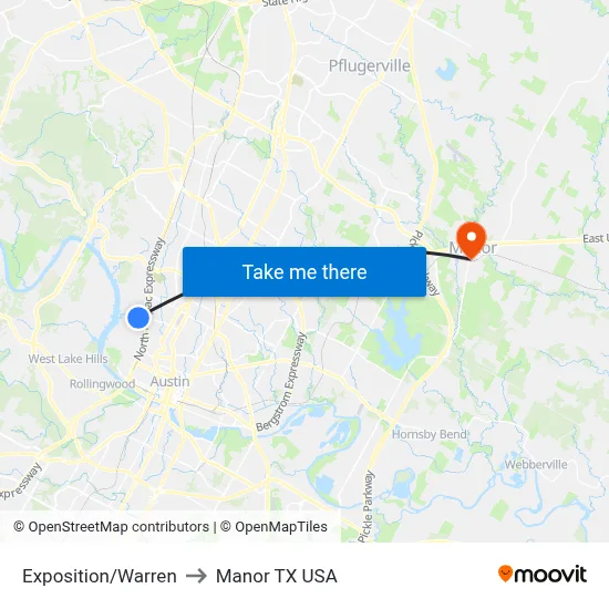Exposition/Warren to Manor TX USA map
