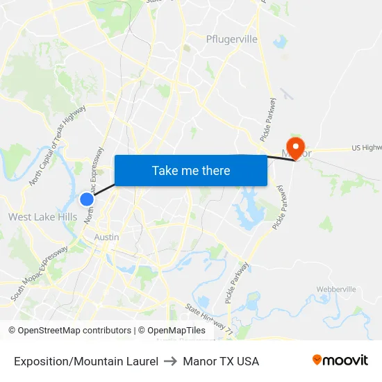 Exposition/Mountain Laurel to Manor TX USA map
