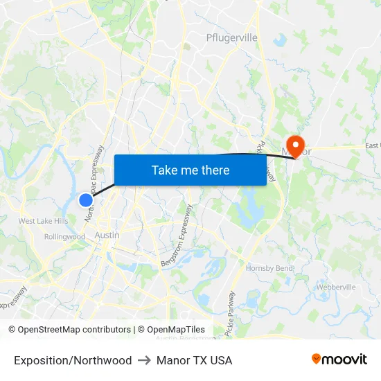 Exposition/Northwood to Manor TX USA map