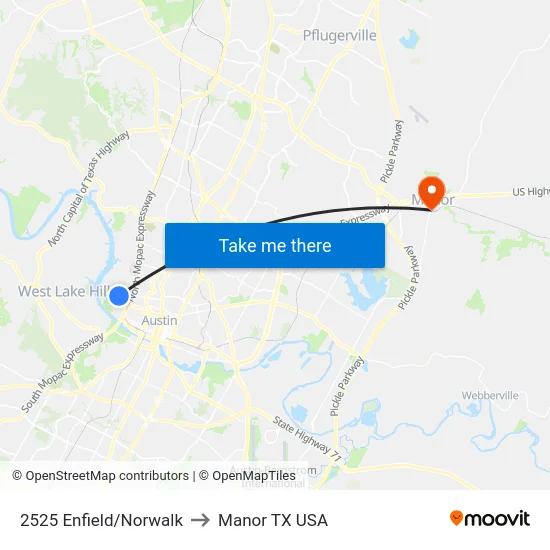 2525 Enfield/Norwalk to Manor TX USA map