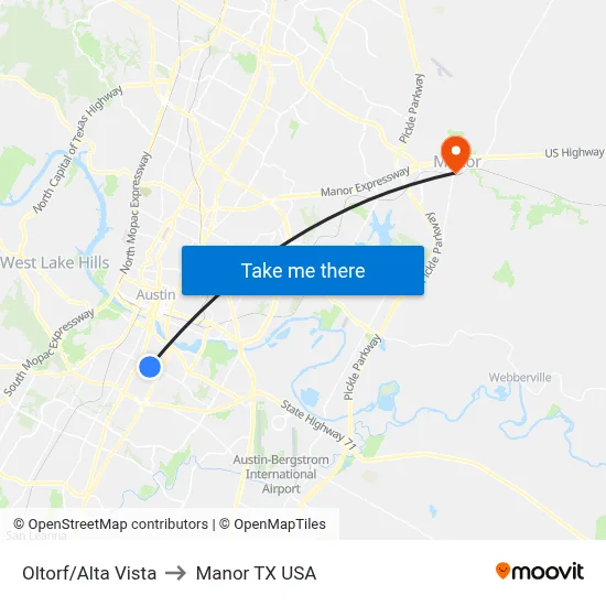 Oltorf/Alta Vista to Manor TX USA map