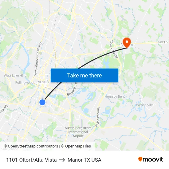 1101 Oltorf/Alta Vista to Manor TX USA map