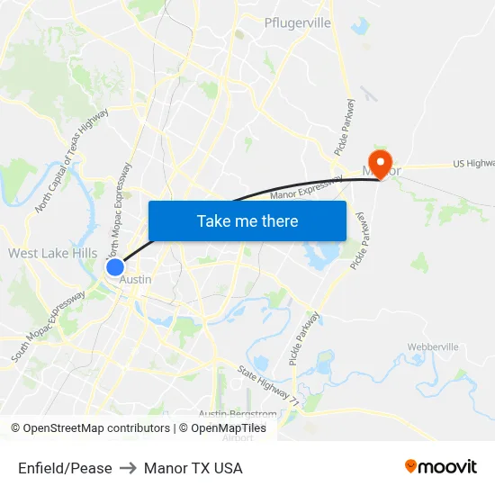 Enfield/Pease to Manor TX USA map