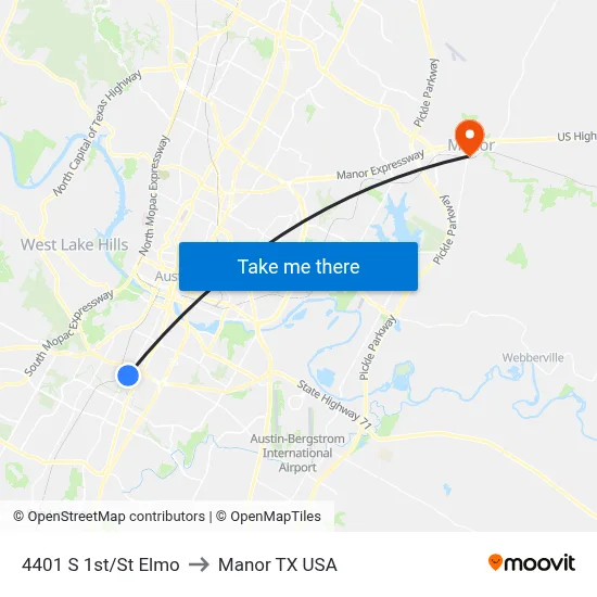 4401 S 1st/St Elmo to Manor TX USA map