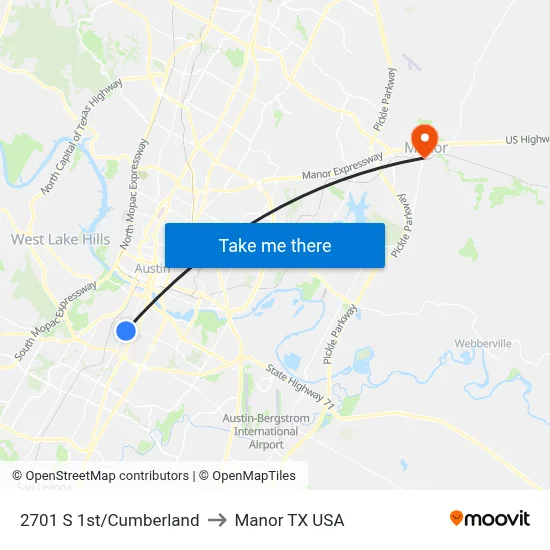 2701 S 1st/Cumberland to Manor TX USA map