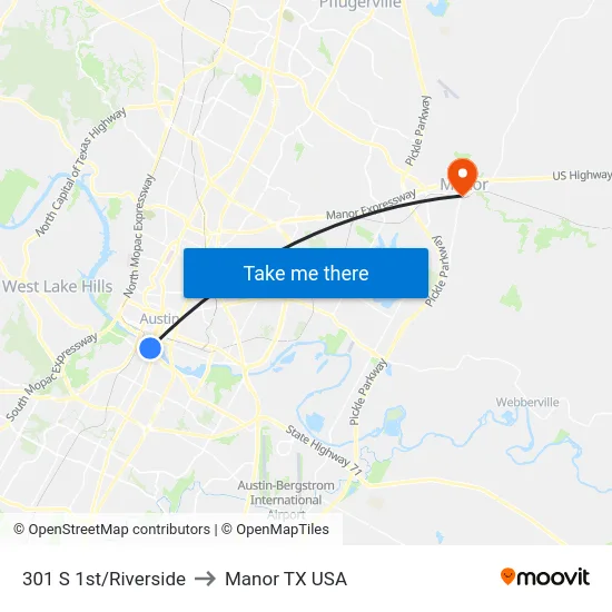 301 S 1st/Riverside to Manor TX USA map