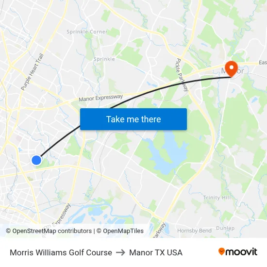 Morris Williams Golf Course to Manor TX USA map