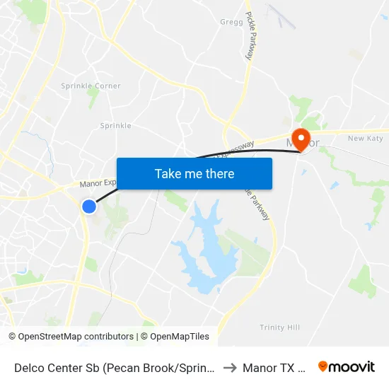Delco Center Sb (Pecan Brook/Springdale) to Manor TX USA map