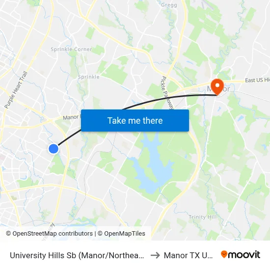 University Hills Sb (Manor/Northeast) to Manor TX USA map