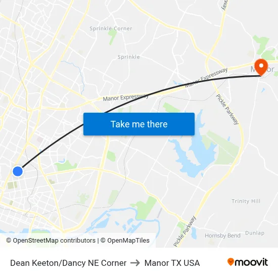 Dean Keeton/Dancy NE Corner to Manor TX USA map
