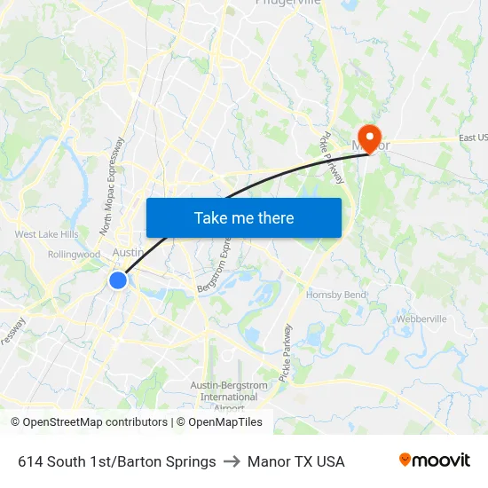 614 South 1st/Barton Springs to Manor TX USA map