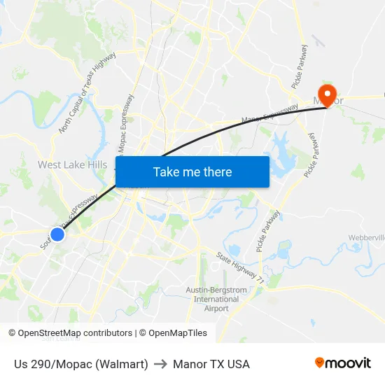 Us 290/Mopac (Walmart) to Manor TX USA map