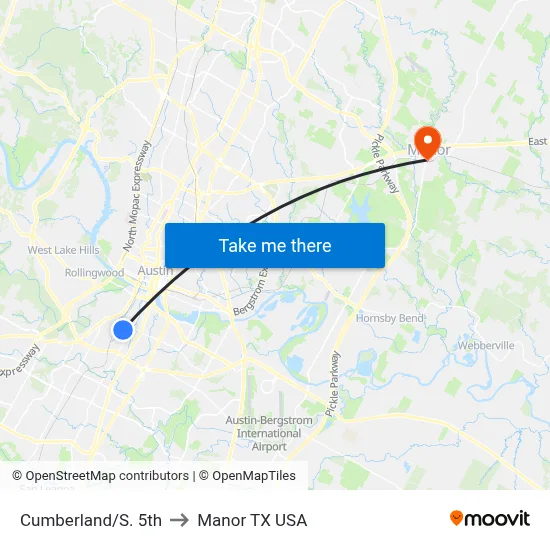 Cumberland/S. 5th to Manor TX USA map