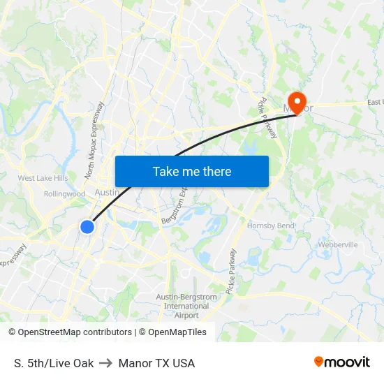 S. 5th/Live Oak to Manor TX USA map
