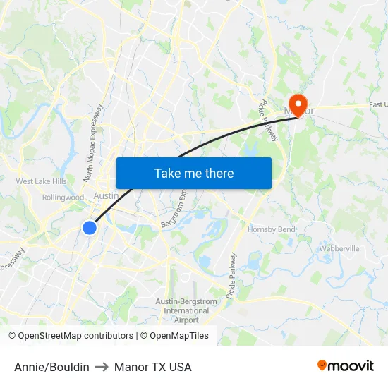 Annie/Bouldin to Manor TX USA map