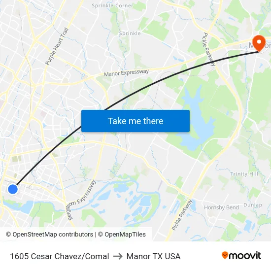 1605 Cesar Chavez/Comal to Manor TX USA map