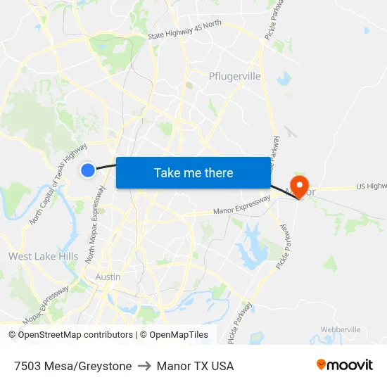 7503 Mesa/Greystone to Manor TX USA map