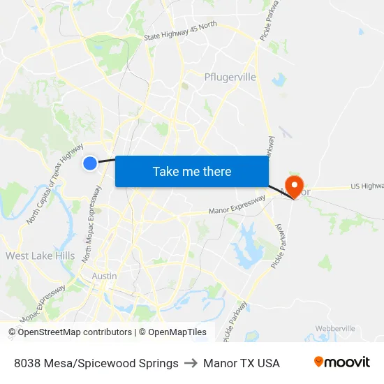 8038 Mesa/Spicewood Springs to Manor TX USA map