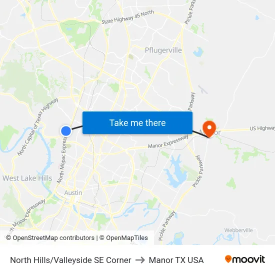 North Hills/Valleyside SE Corner to Manor TX USA map