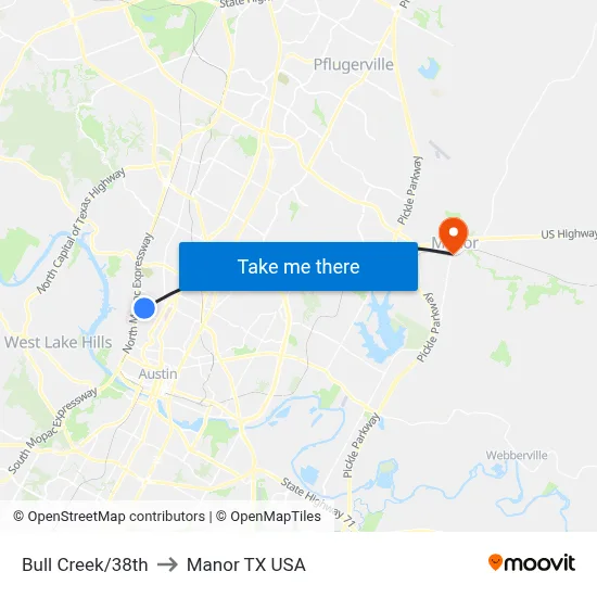 Bull Creek/38th to Manor TX USA map
