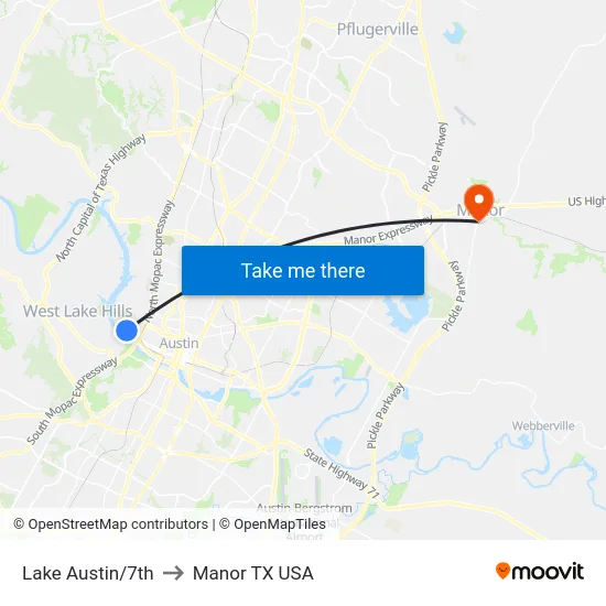Lake Austin/7th to Manor TX USA map