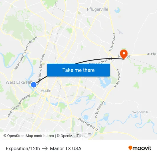 Exposition/12th to Manor TX USA map