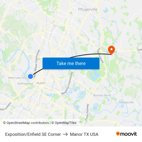 Exposition/Enfield SE Corner to Manor TX USA map
