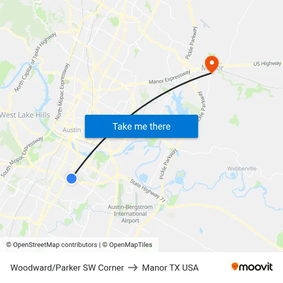 Woodward/Parker SW Corner to Manor TX USA map