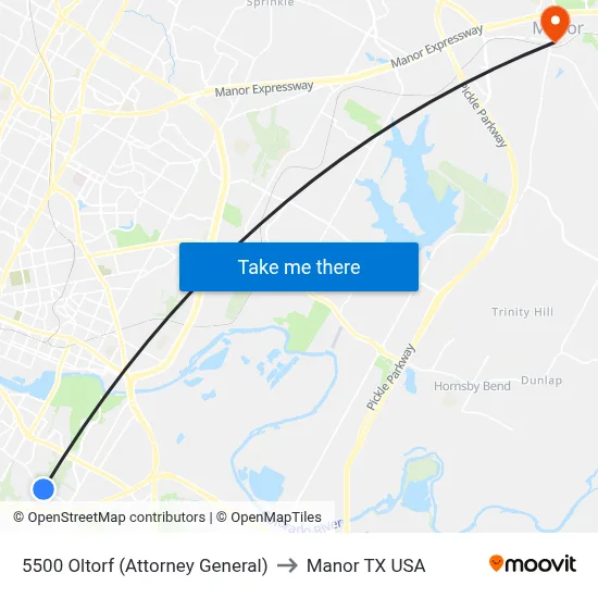5500 Oltorf (Attorney General) to Manor TX USA map