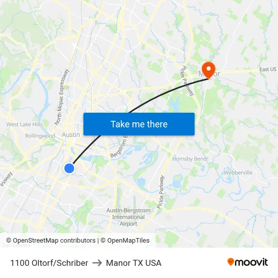 1100 Oltorf/Schriber to Manor TX USA map