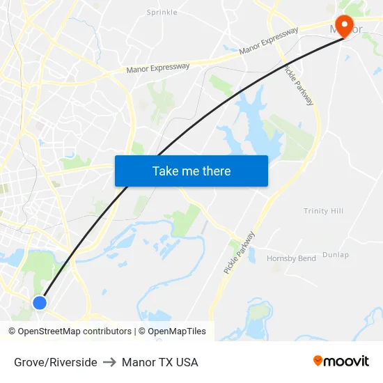 Grove/Riverside to Manor TX USA map