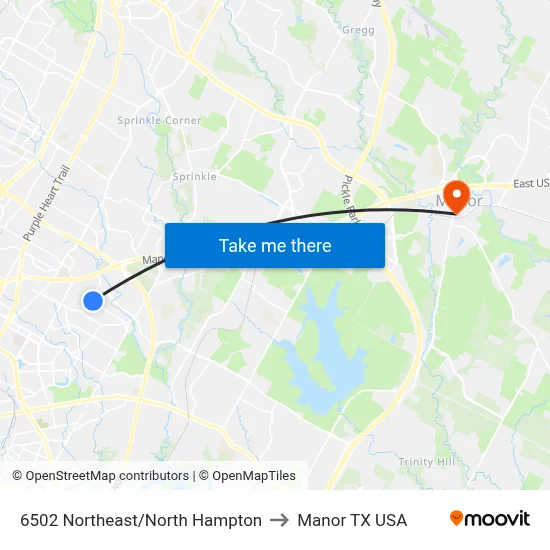 6502 Northeast/North Hampton to Manor TX USA map