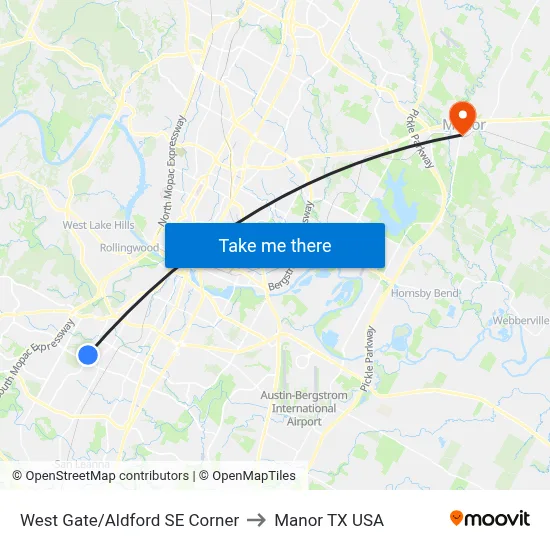 West Gate/Aldford SE Corner to Manor TX USA map