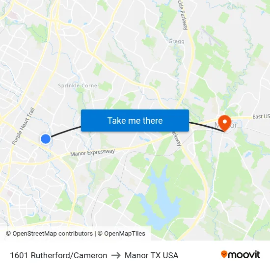 1601 Rutherford/Cameron to Manor TX USA map